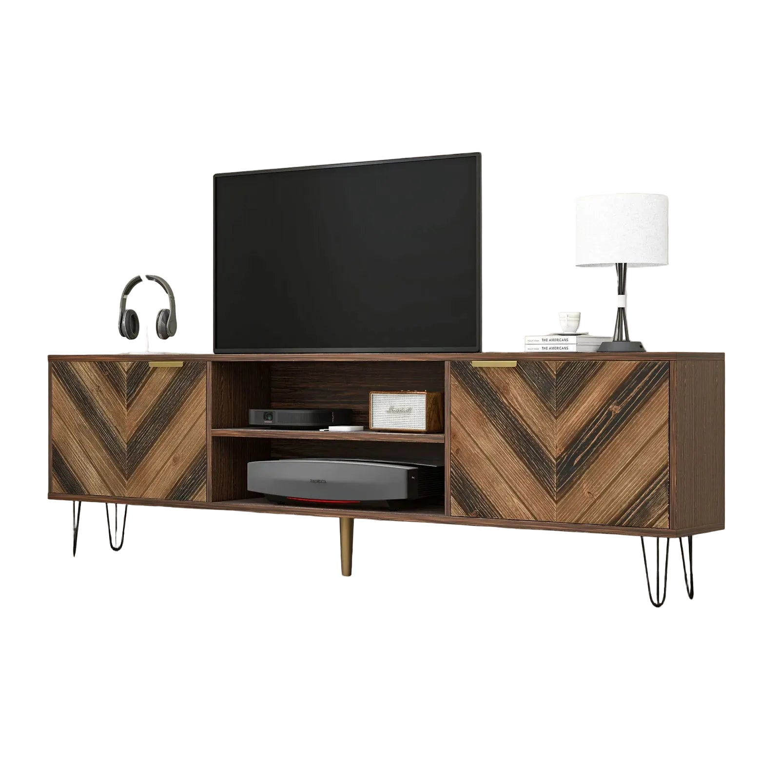 Elegantes TV-Lowboard mit Holzfurnier, 2 Türen, Metallfüßen und Goldgriffen – 155 cm