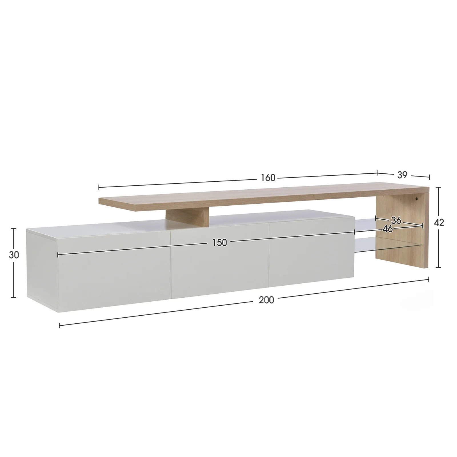 TV-Schrank mit Stauraum, 3 Türen, Glasablage und LED-Beleuchtung – 200 cm