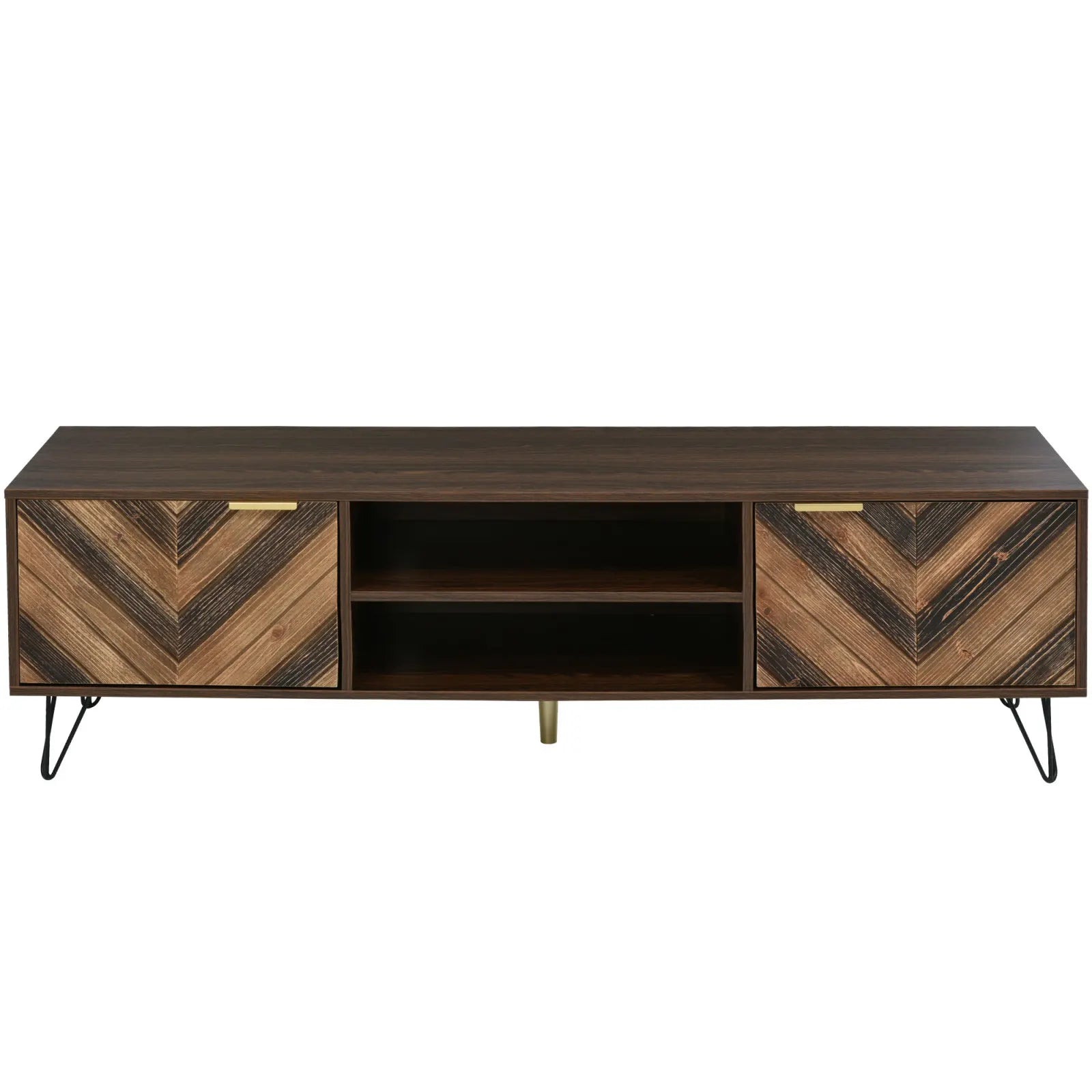 Elegantes TV-Lowboard mit Holzfurnier, 2 Türen, Metallfüßen und Goldgriffen – 155 cm