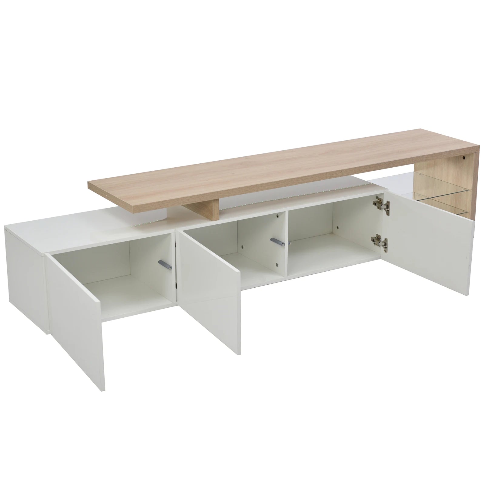 TV-Schrank mit Stauraum, 3 Türen, Glasablage und LED-Beleuchtung – 200 cm