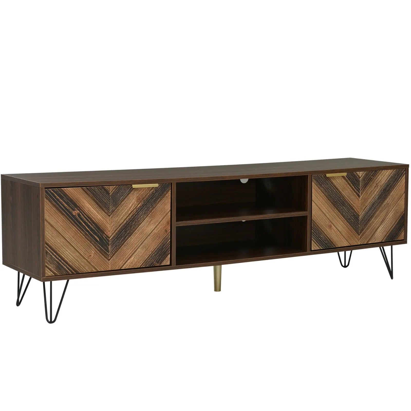 Elegantes TV-Lowboard mit Holzfurnier, 2 Türen, Metallfüßen und Goldgriffen – 155 cm