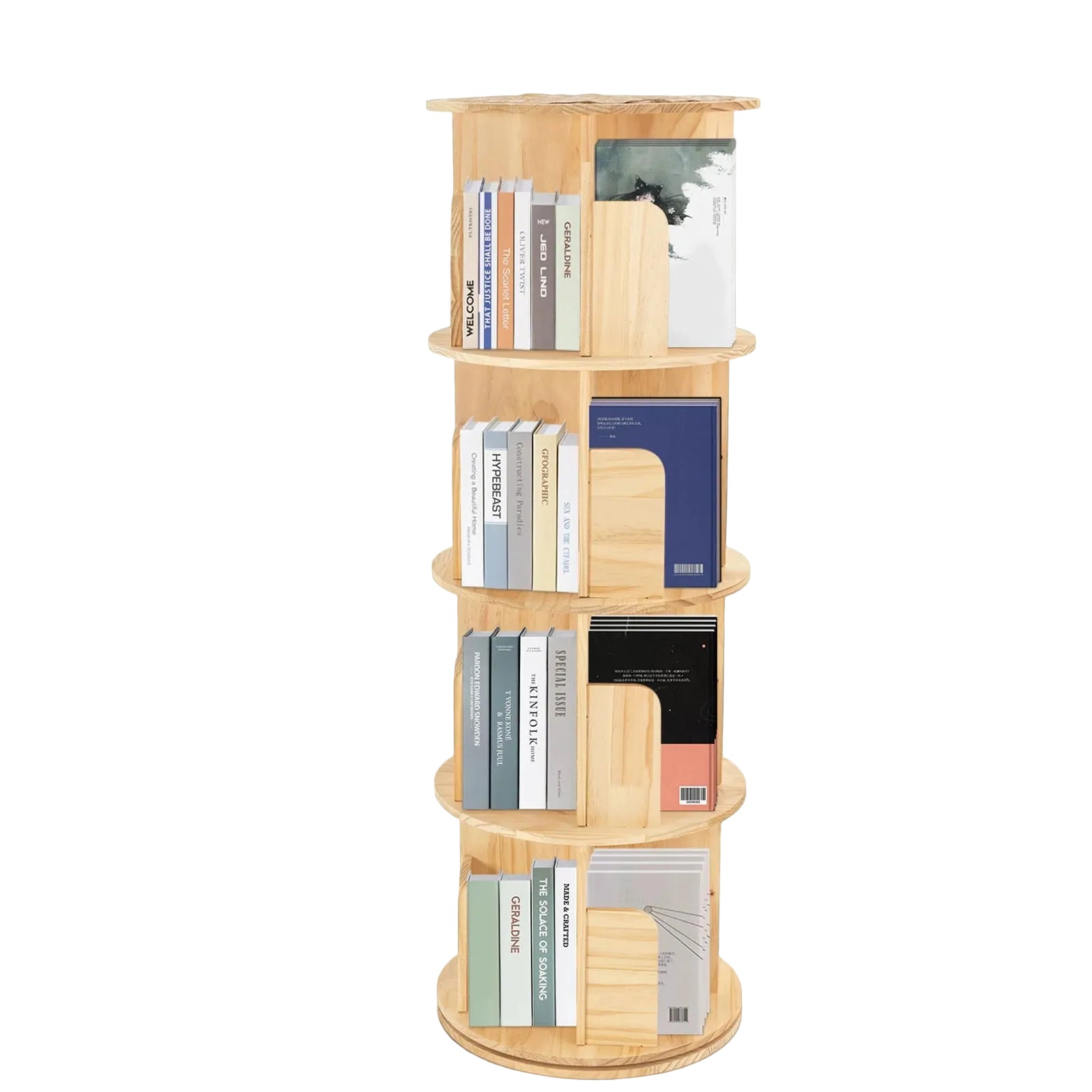 Drehbares Bücherregal aus Massivholz mit 4 Ebenen und 360° Rotation – 128 cm
