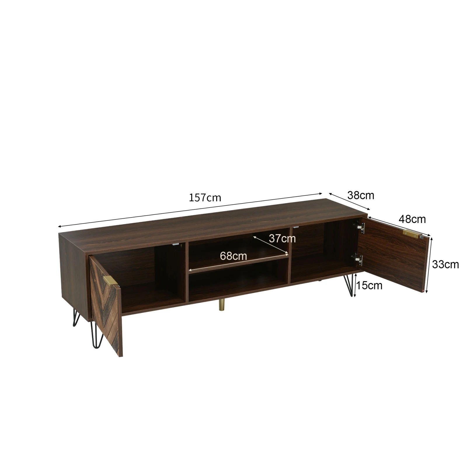 Elegantes TV-Lowboard mit Holzfurnier, 2 Türen, Metallfüßen und Goldgriffen – 155 cm