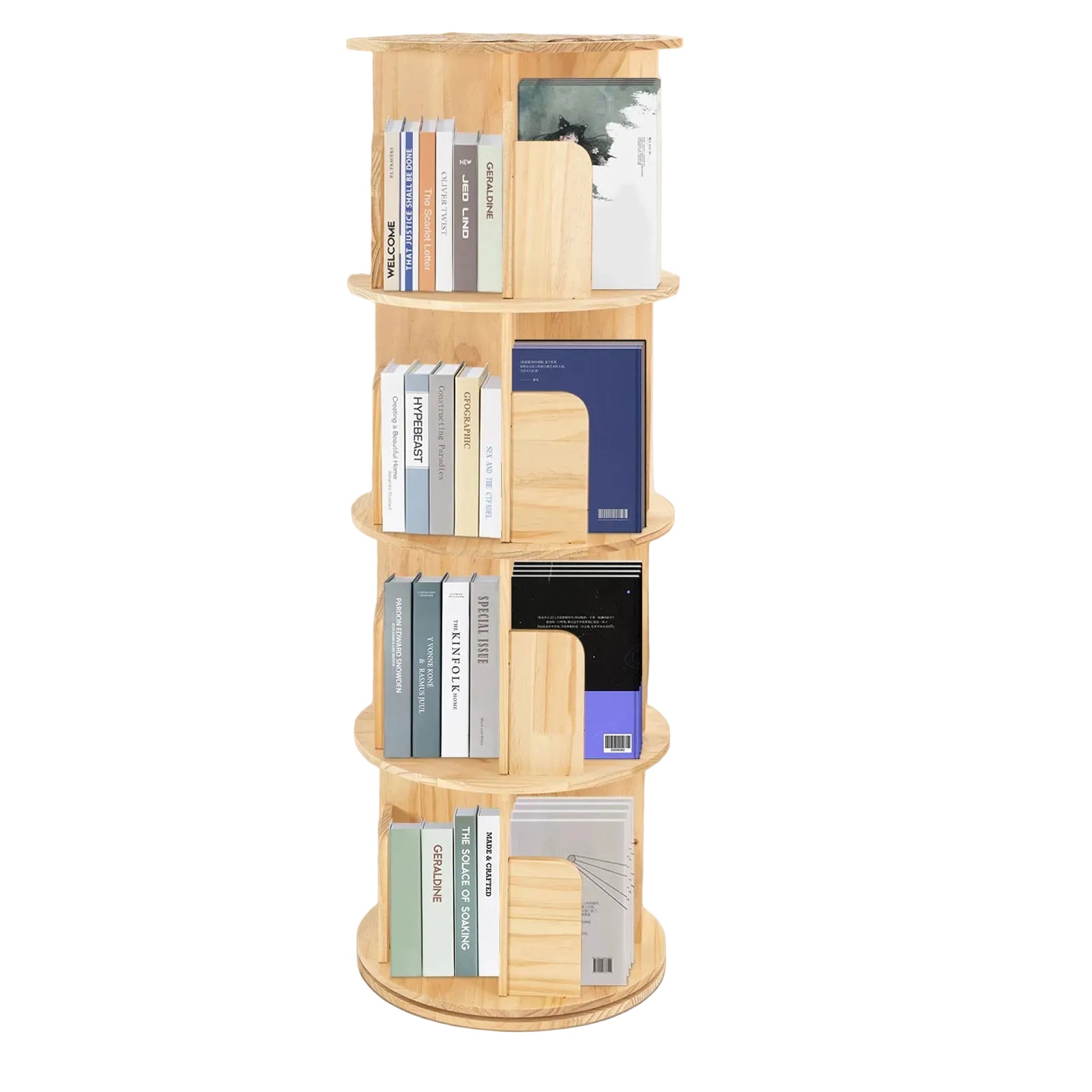 Drehbares Bücherregal aus Massivholz mit 4 Ebenen und 360° Rotation – 128 cm